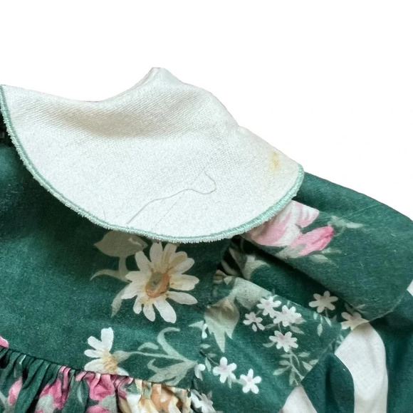Vintage Peaches ‘n Cream Baby Dress – Forest Green Floral, Rose Bib, Size 12M - Picture 7 of 8